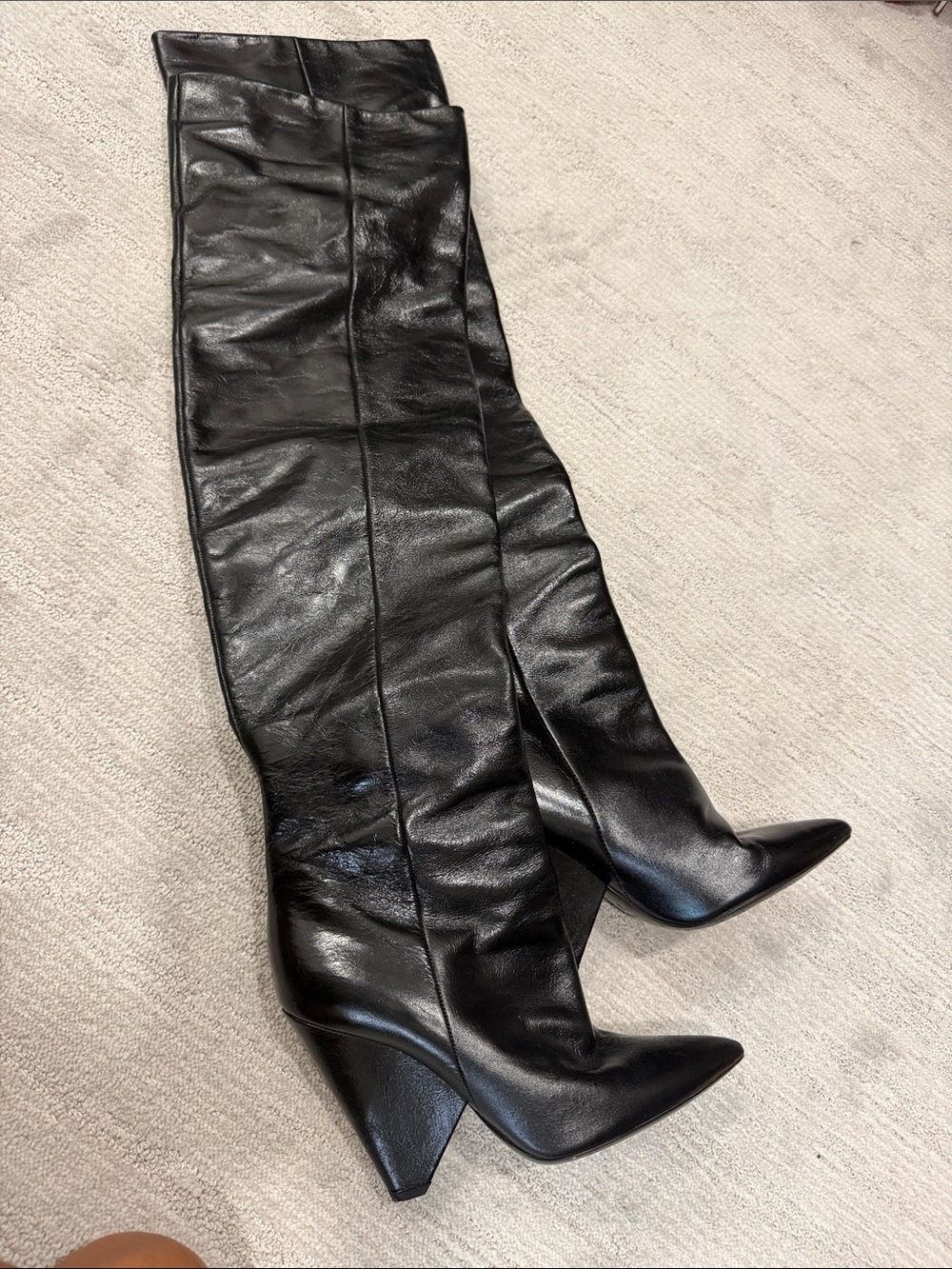 Saint Laurent Black Leather Over-the-Knee Block Heel Boots - Picture 4 of 4